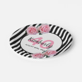 40歳の誕生日パーティーピンクのバラの白黒 ペーパープレート (アングル)