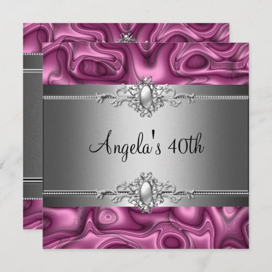 40歳の誕生日パーティーピンクシルバー抽象芸術 招待状 (正面/裏面)