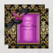40歳の誕生日パーティーピンク金ゴールドダマスクバタフライ 招待状 (正面/裏面)