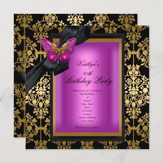 40歳の誕生日パーティーピンク金ゴールドダマスクバタフライ 招待状 (正面/裏面)