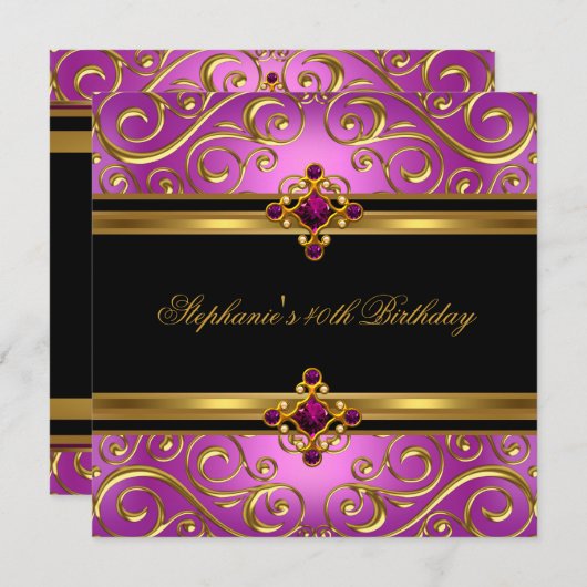 40歳の誕生日パーティーピンク金ゴールドブラックフローラ 招待状 (正面/裏面)