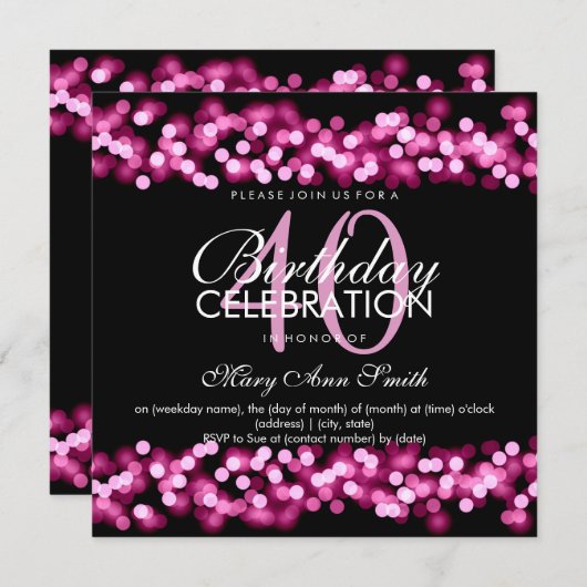 40歳の誕生日パーティーフェイクピンクハリウッドグラム 招待状 (正面/裏面)