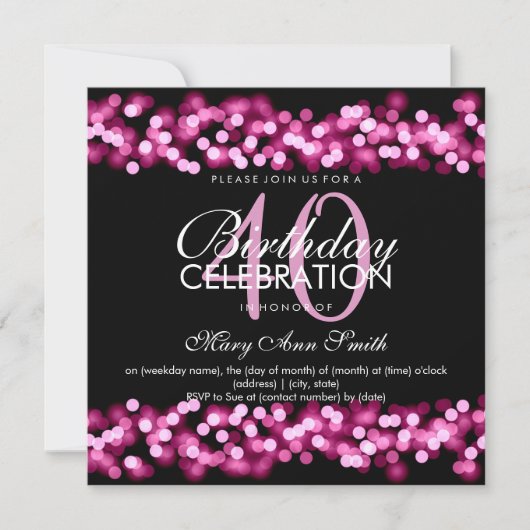 40歳の誕生日パーティーフェイクピンクハリウッドグラム 招待状 (正面)