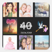 40歳の誕生日パーティーフォトコラージュ黒 スクエアシール (正面)