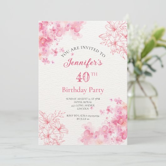 40歳の誕生日パーティーフローラピンクの招待状 招待状 (スタンド正面)