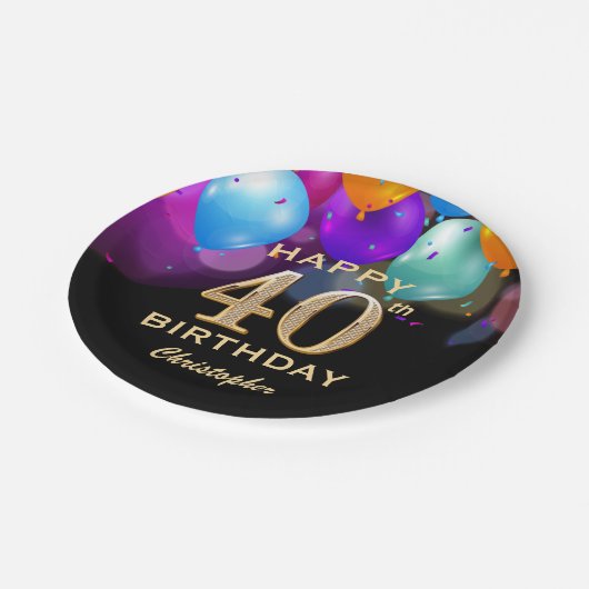 40歳の誕生日パーティーブラックと金ゴールドバルーン ペーパープレート (アングル)