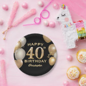 40歳の誕生日パーティーブラックと金ゴールドバルーン ペーパープレート (パーティー)