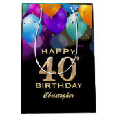 40歳の誕生日パーティーブラックと金ゴールドバルーン ミディアムペーパーバッグ (正面)