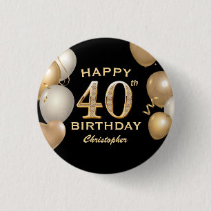 40歳の誕生日パーティーブラックと金ゴールドバルーン 缶バッジ