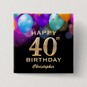 40歳の誕生日パーティーブラックと金ゴールドバルーン 缶バッジ