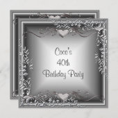 40歳の誕生日パーティーブラックシルバーフローラ 招待状 (正面/裏面)