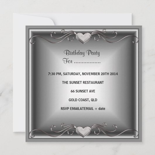 40歳の誕生日パーティーブラックシルバーフローラ 招待状 (裏面)