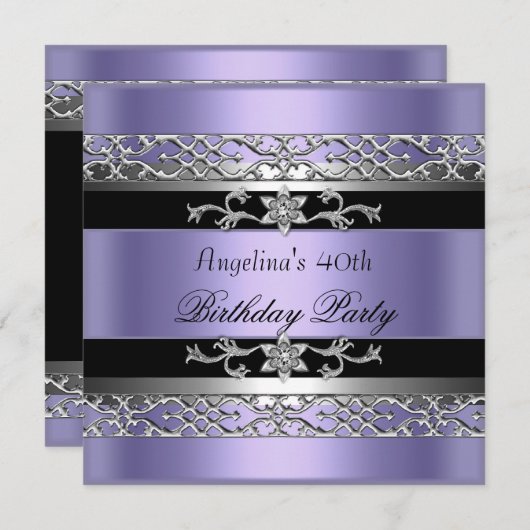 40歳の誕生日パーティーブラックパープルシルバー 招待状 (正面/裏面)