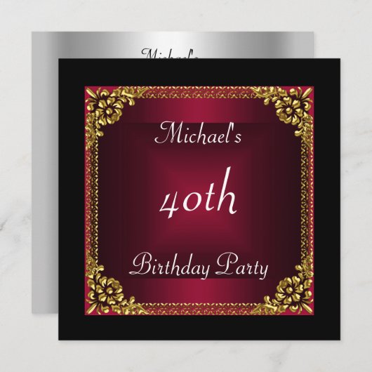 40歳の誕生日パーティーブラックレッドアールデコ 招待状 (正面/裏面)