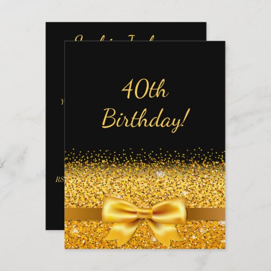 40歳の誕生日パーティーブラック金ゴールドボウエレガント 招待状 (正面/裏面)