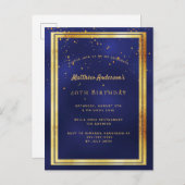 40歳の誕生日パーティーブルー金ゴールド光沢のある招待 ポストカード (正面/裏面)