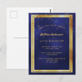 40歳の誕生日パーティーブルー金ゴールド光沢のある招待 ポストカード (正面/裏面)
