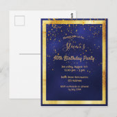 40歳の誕生日パーティーブルー金ゴールド紙吹雪招待 ポストカード (正面/裏面)