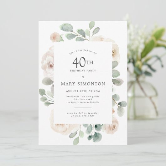 40歳の誕生日パーティーホワイトローズフローラ 招待状 (スタンド正面)