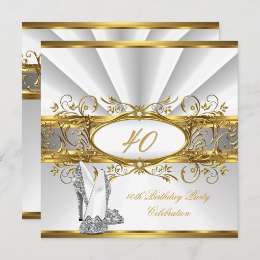 40歳の誕生日パーティーホワイト金ゴールドシルバーヒール 招待状 (正面/裏面)