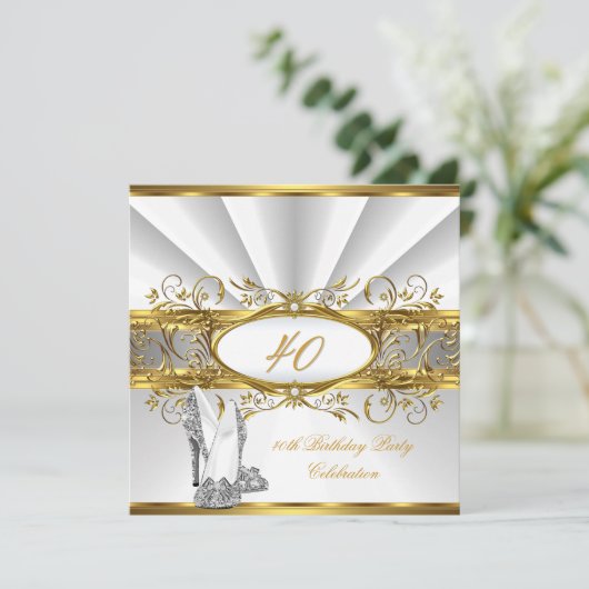 40歳の誕生日パーティーホワイト金ゴールドシルバーヒール 招待状 (スタンド正面)