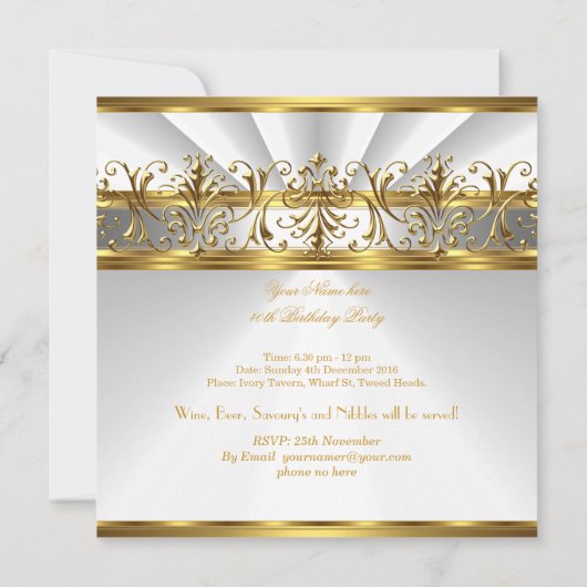 40歳の誕生日パーティーホワイト金ゴールドシルバーヒール 招待状 (裏面)