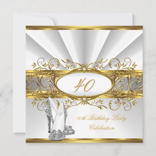 40歳の誕生日パーティーホワイト金ゴールドシルバーヒール 招待状 (正面)