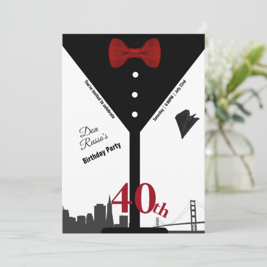 40歳の誕生日パーティーマルチニガラスレッドボウタイ 招待状 (スタンド正面)