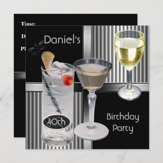 40歳の誕生日パーティーメンズドリンクメタルブラックシルバー 招待状 (正面/裏面)