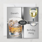 40歳の誕生日パーティーメンズドリンクメタルブラックシルバー 招待状 (正面)