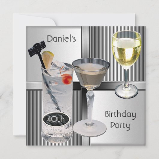 40歳の誕生日パーティーメンズドリンクメタルブラックシルバー 招待状 (正面)