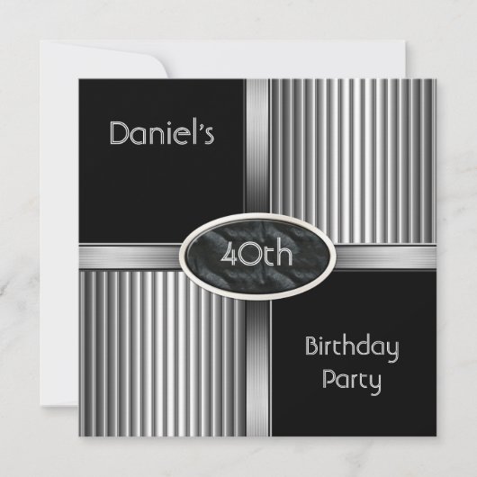 40歳の誕生日パーティーメンズメタル白黒シルバー 招待状 (正面)