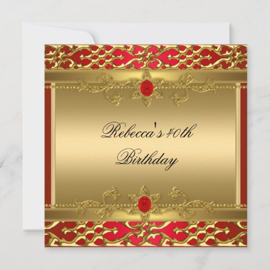 40歳の誕生日パーティーリッチレッドエレガント華美金ゴールド 招待状 (正面)