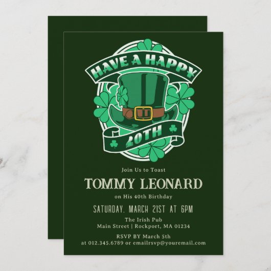 40歳の誕生日パーティーレプレショーンハットシャムロックアイルランド 招待状 (正面/裏面)