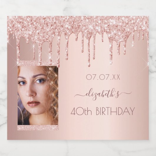 40歳の誕生日パーティー写真バラ金ゴールドグリッターピンク スパークリングワインラベル (シングルラベル)