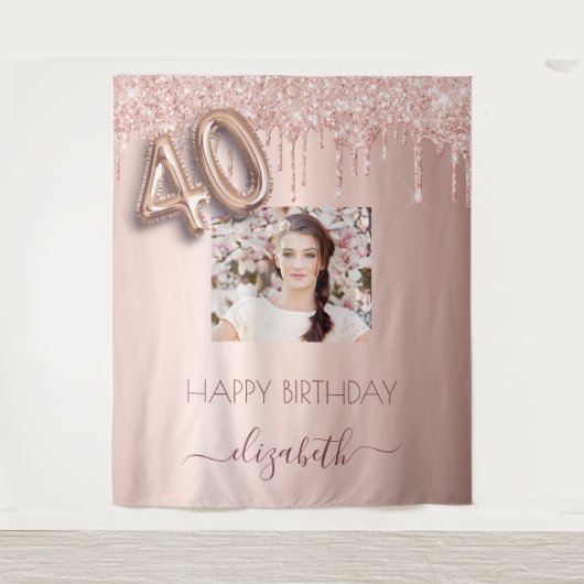 40歳の誕生日パーティー写真バラ金ゴールドグリッターピンク タペストリー (正面)