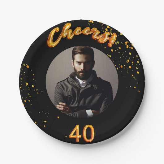 40歳の誕生日パーティー写真金ゴールドバルーン黒 ペーパープレート (正面)