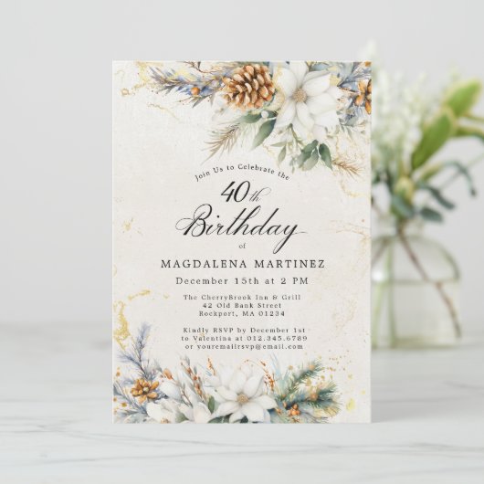 40歳の誕生日パーティー冬の白いフローラ緑 招待状 (スタンド正面)