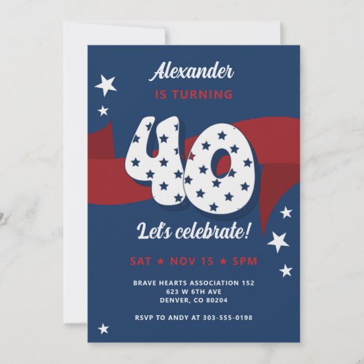 40歳の誕生日パーティー愛国的赤白青スター 招待状 (正面)