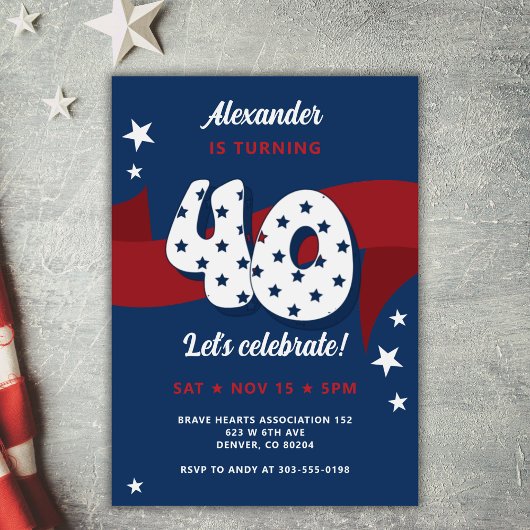40歳の誕生日パーティー愛国的赤白青スター 招待状