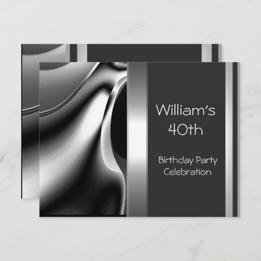 40歳の誕生日パーティー抽象芸術シルバークロムメタル 招待状 (正面/裏面)