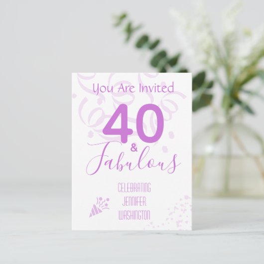 40歳の誕生日パーティー招待状 ホットピンクのコンフェッティ ポストカード (スタンド正面)