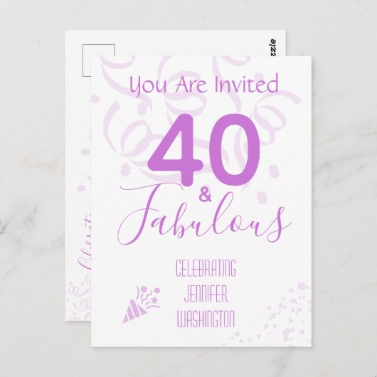 40歳の誕生日パーティー招待状 ホットピンクのコンフェッティ ポストカード (正面/裏面)