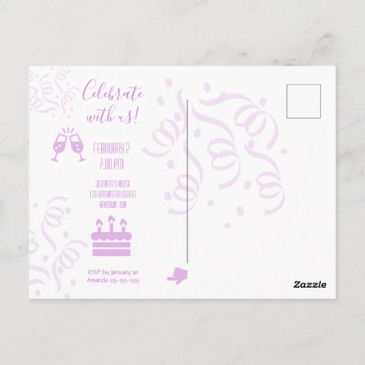 40歳の誕生日パーティー招待状 ホットピンクのコンフェッティ ポストカード (裏面)