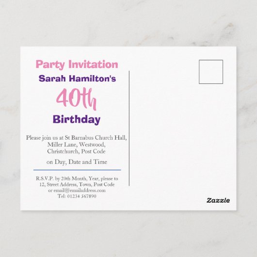 40歳の誕生日パーティー招待状 ポストカード (裏面)