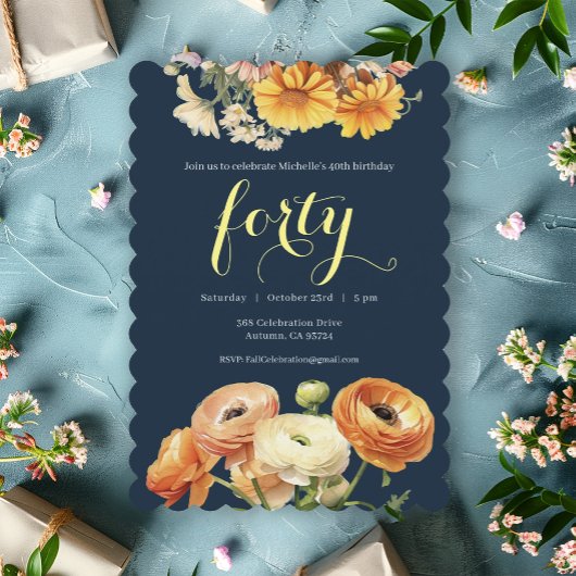 40歳の誕生日パーティー植物性オレンジの花 招待状