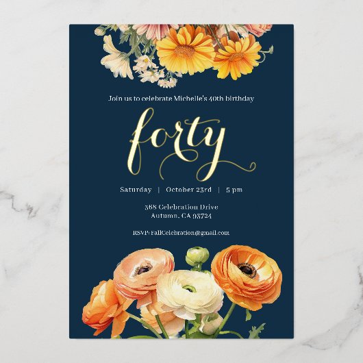 40歳の誕生日パーティー植物性オレンジの花 箔招待状 (正面)
