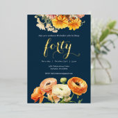 40歳の誕生日パーティー植物性オレンジの花 箔招待状 (立ち正面)