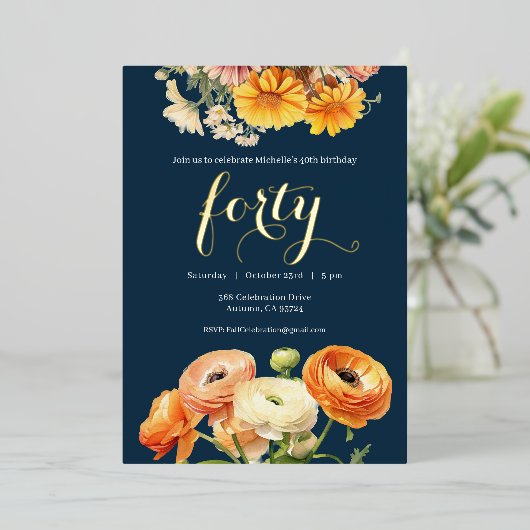 40歳の誕生日パーティー植物性オレンジの花 箔招待状 (立ち正面)