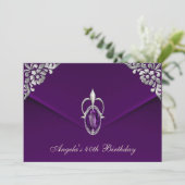 40歳の誕生日パーティー王室のシルバープラムベルベットパール 招待状 (スタンド正面)